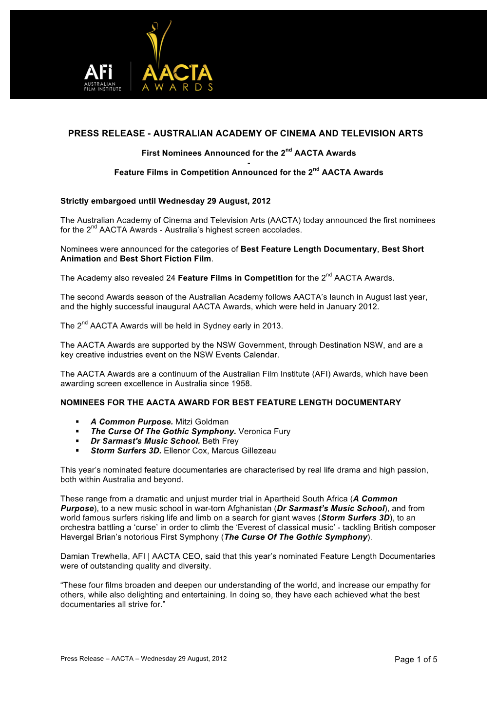 Press Release - Australian Academy of Cinema and Television Arts