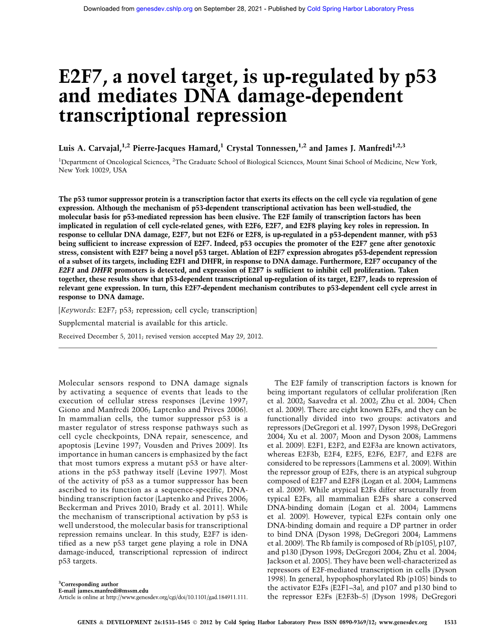 E2F7, a Novel Target, Is Up-Regulated by P53 and Mediates DNA Damage-Dependent Transcriptional Repression