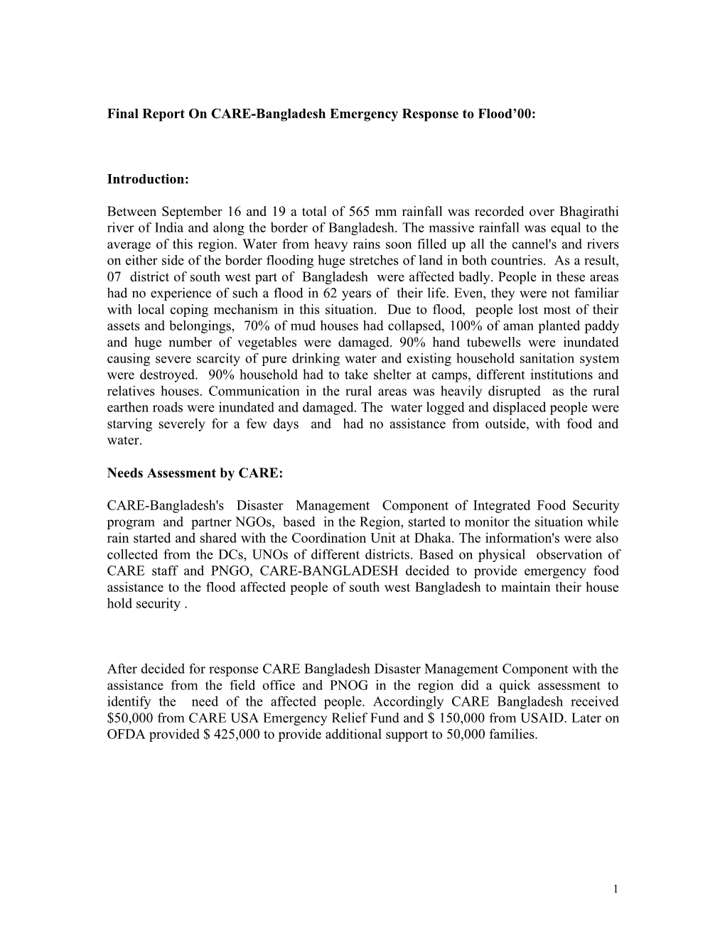 Final Report on CARE-Bangladesh Emergency Response to Flood’00