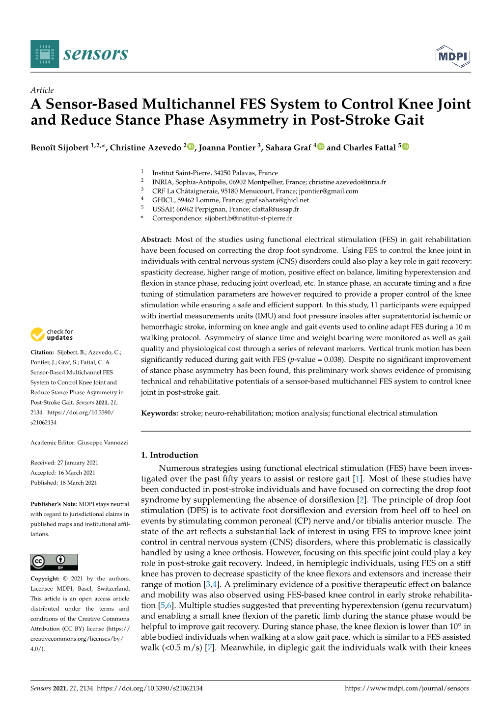 A Sensor-Based Multichannel FES System to Control Knee Joint and Reduce Stance Phase Asymmetry in Post-Stroke Gait