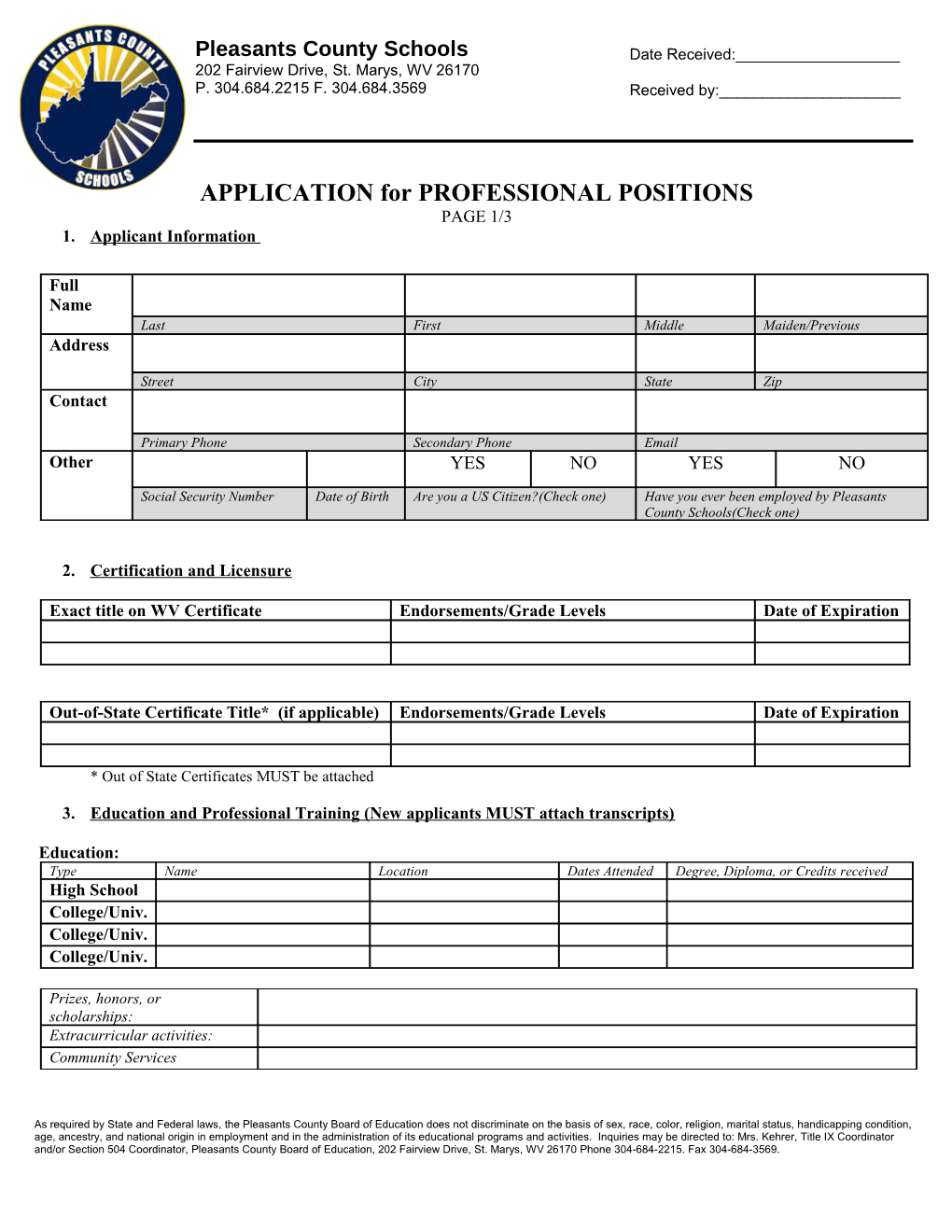 APPLICATION for PROFESSIONAL POSITIONS