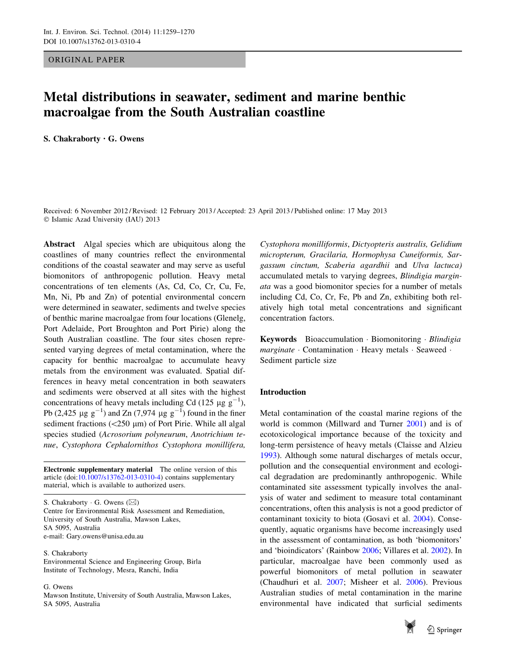 Metal Distributions in Seawater, Sediment and Marine Benthic Macroalgae from the South Australian Coastline
