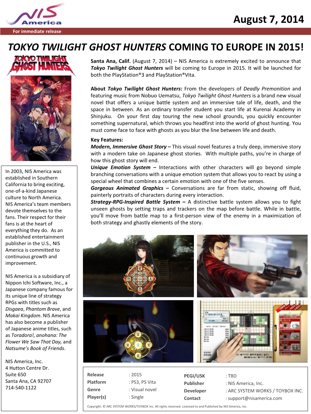 August 7, 2014 for Immediate Release TOKYO TWILIGHT GHOST HUNTERS COMING to EUROPE in 2015! Santa Ana, Calif