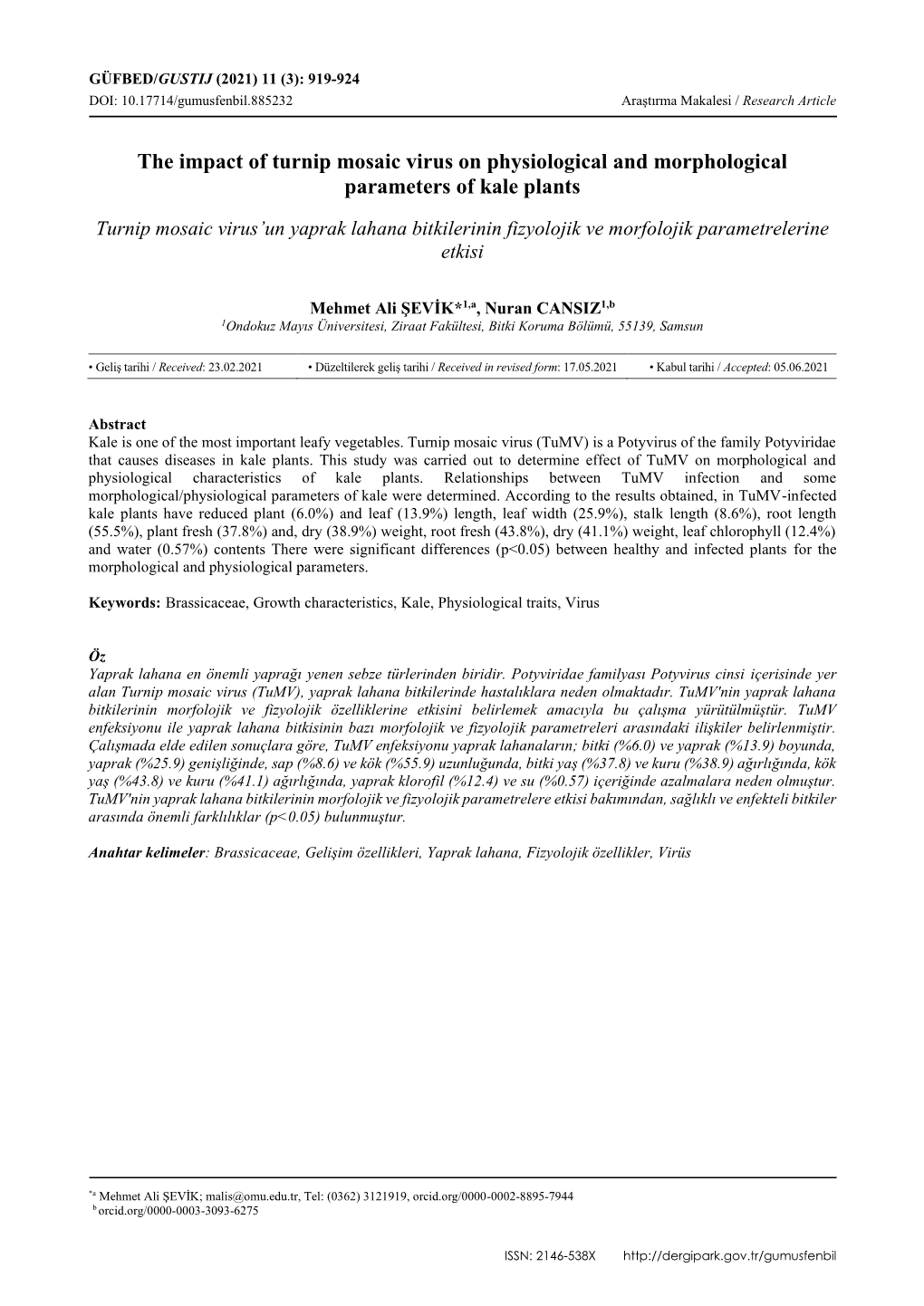 The Impact of Turnip Mosaic Virus on Physiological and Morphological Parameters of Kale Plants