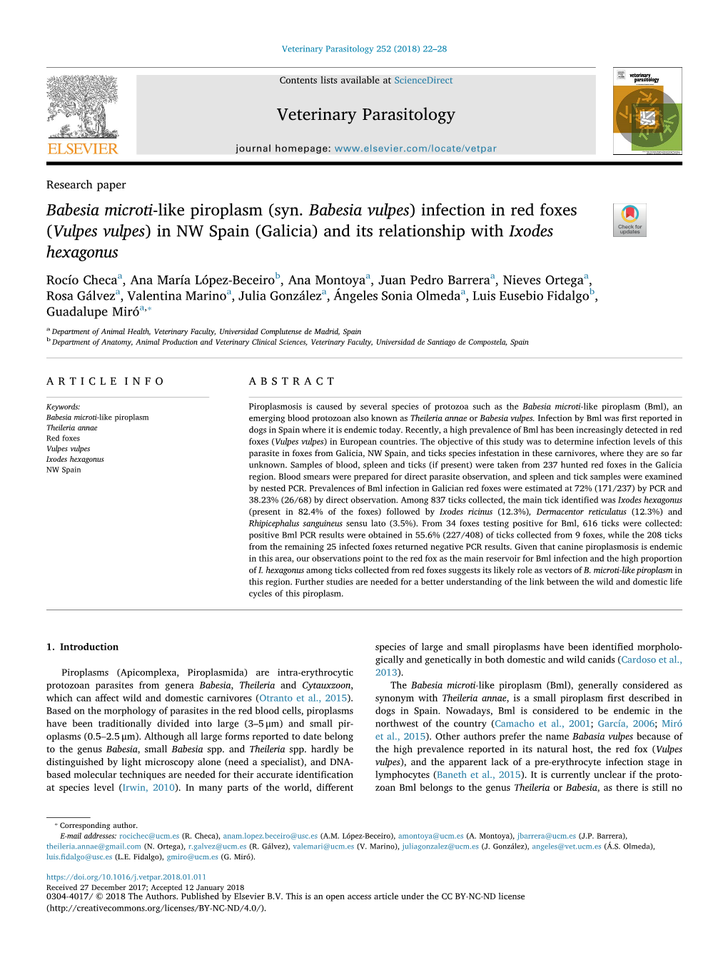 Babesia Microti-Like Piroplasm (Syn. Babesia Vulpes) Infection in Red Foxes (Vulpes Vulpes) in NW Spain (Galicia) and Its Relationship with Ixodes T Hexagonus