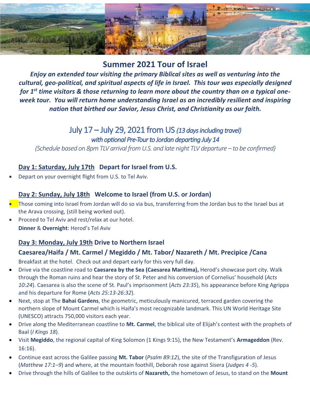 Summer 2021 Tour of Israel July 17