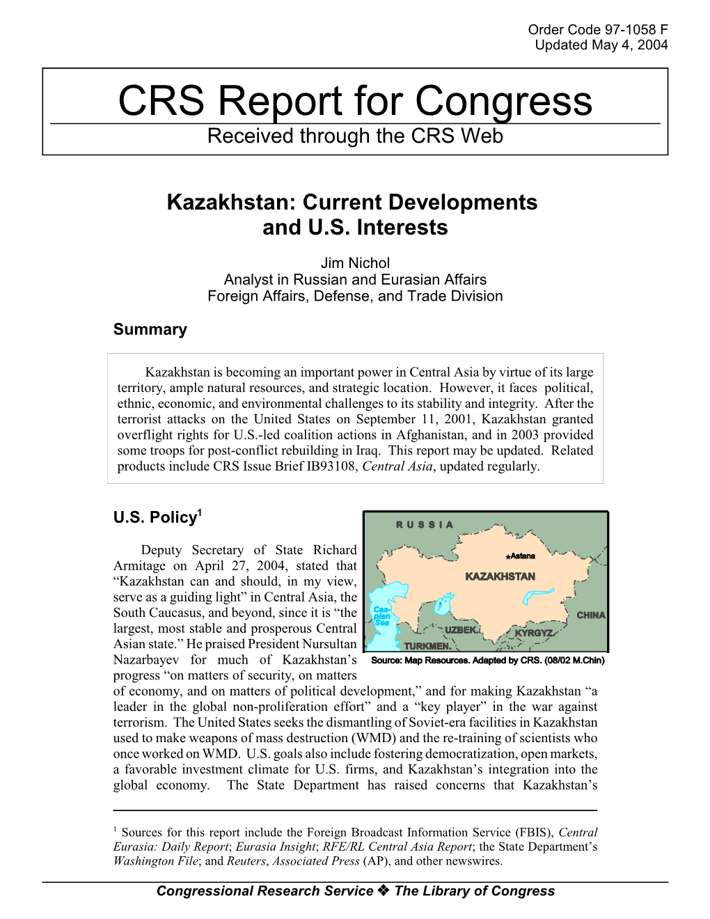Kazakhstan: Current Developments and U.S. Interests