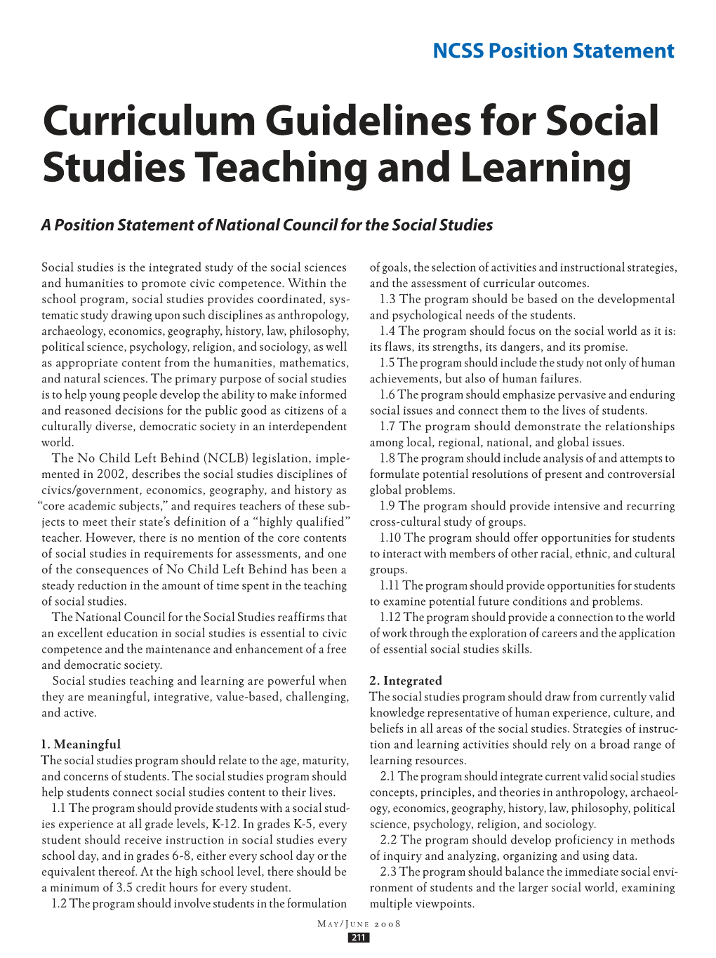 Curriculum Guidelines for Social Studies Teaching and Learning