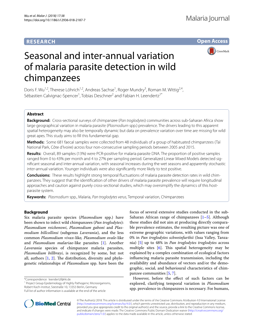 Seasonal and Inter-Annual Variation of Malaria Parasite Detection in Wild