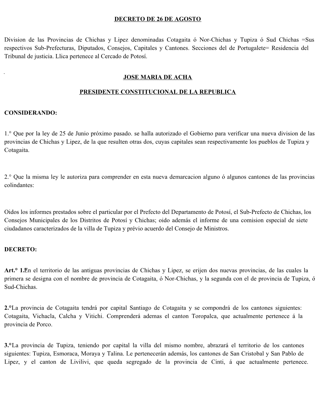 DECRETO DE 26 DE AGOSTO Division De Las Provincias De