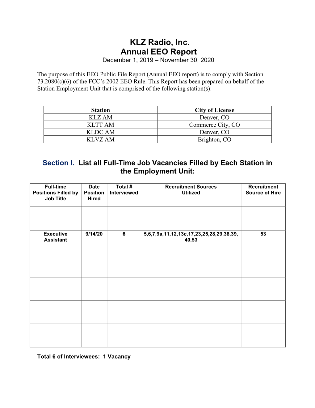 KLZ Radio, Inc. Annual EEO Report December 1, 2019 – November 30, 2020