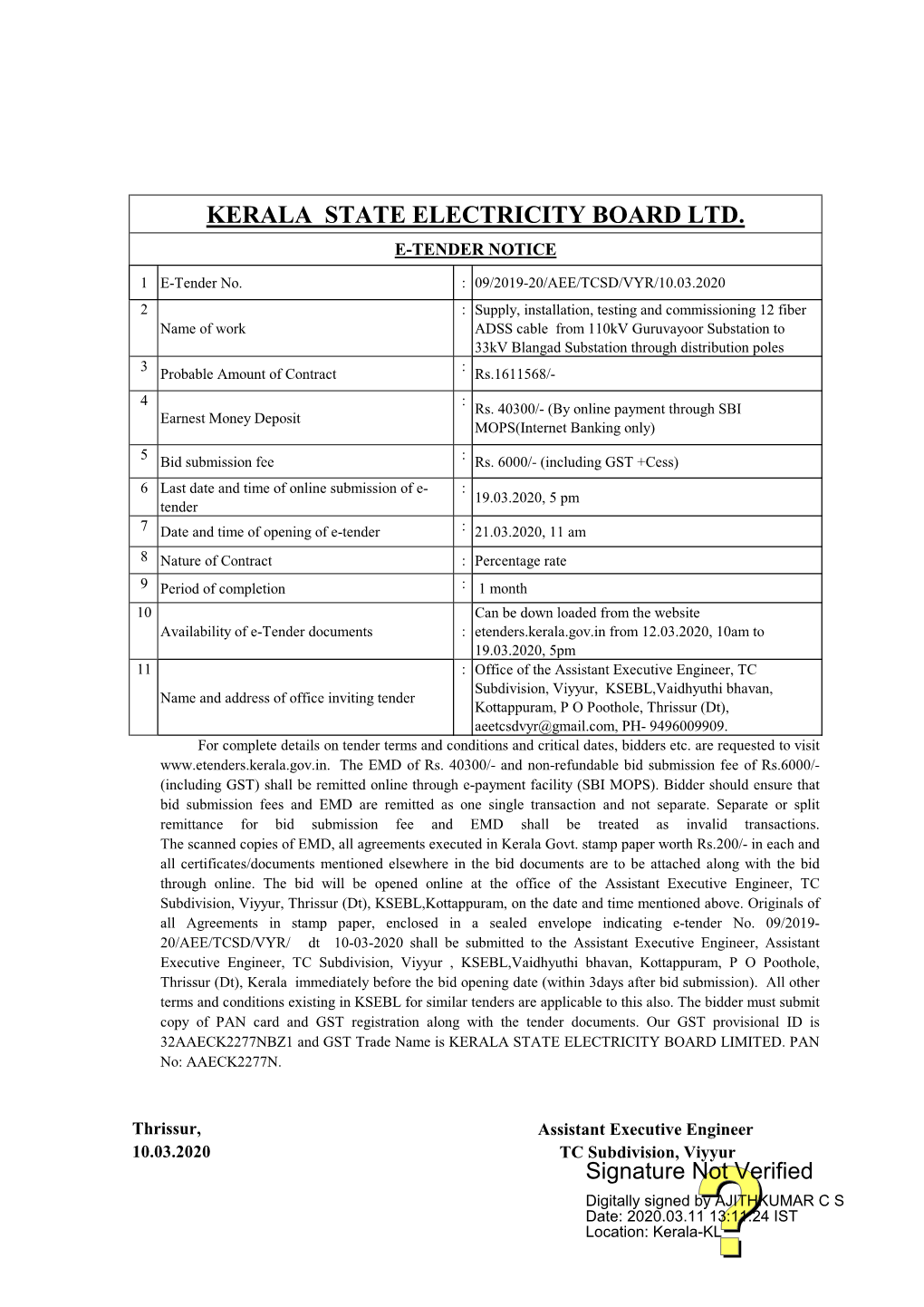 Kerala State Electricity Board Ltd. E-Tender Notice