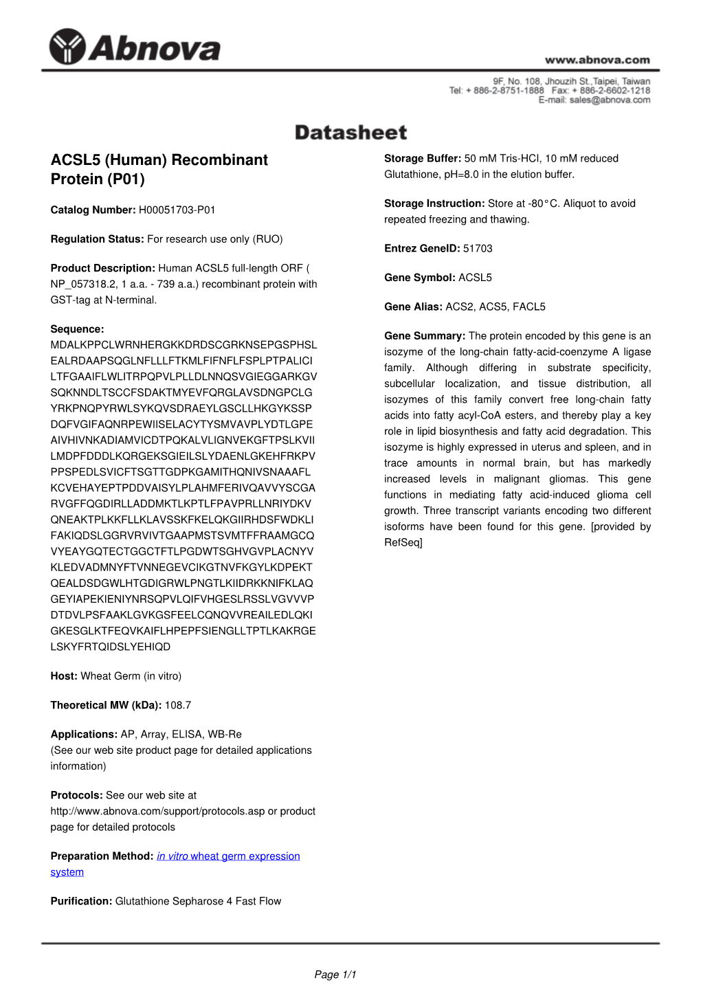 ACSL5 (Human) Recombinant Protein (P01)