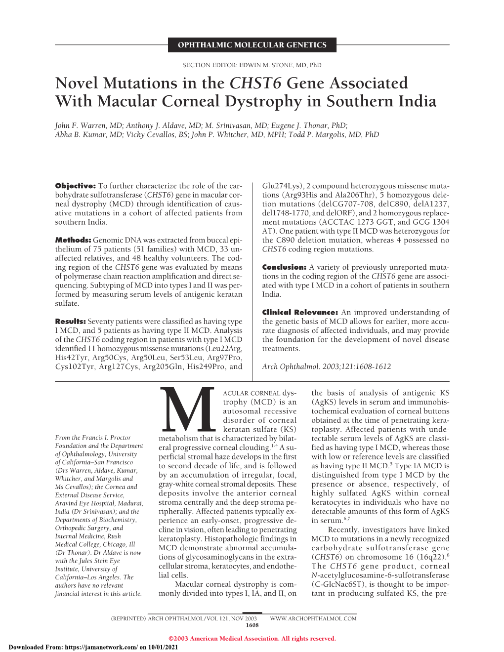 Novel Mutations in the CHST6 Gene Associated with Macular Corneal Dystrophy in Southern India