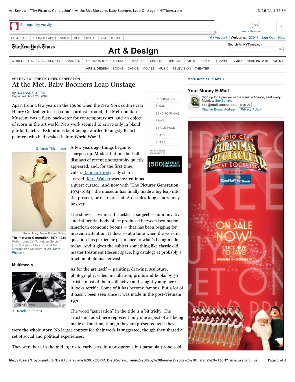 Art Review - 'The Pictures Generation' - at the Met Museum, Baby Boomers Leap Onstage - Nytimes.Com 3/16/11 1:26 PM