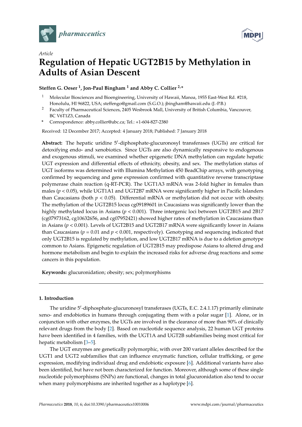 Regulation of Hepatic UGT2B15 by Methylation in Adults of Asian Descent