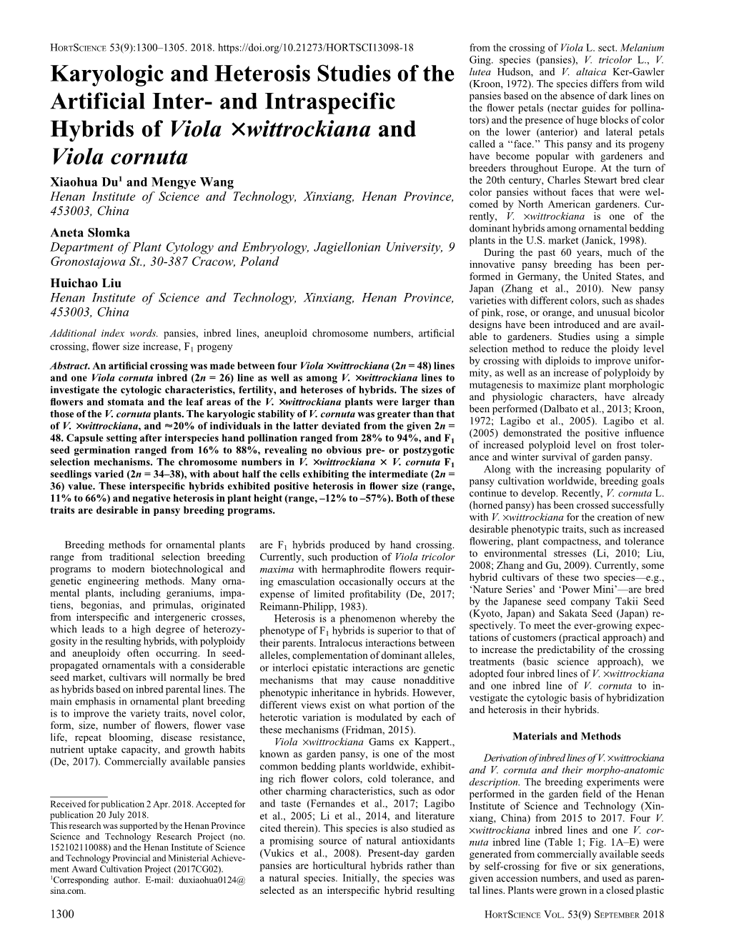 And Intraspecific Hybrids of Viola 3Wittrockiana and Viola Cornuta