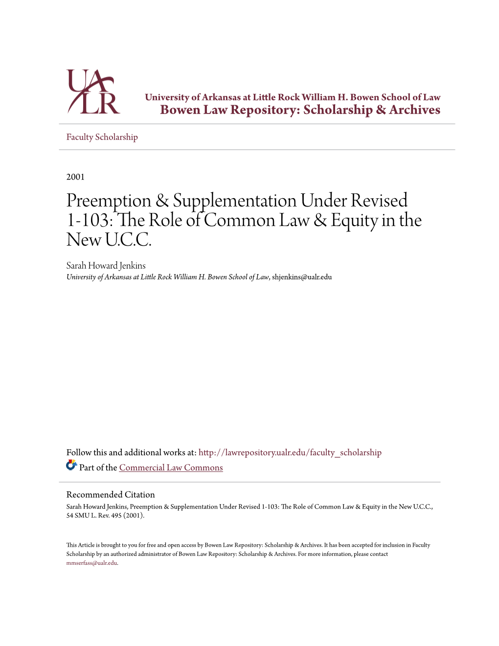 Preemption & Supplementation Under Revised 1-103: the Role Of