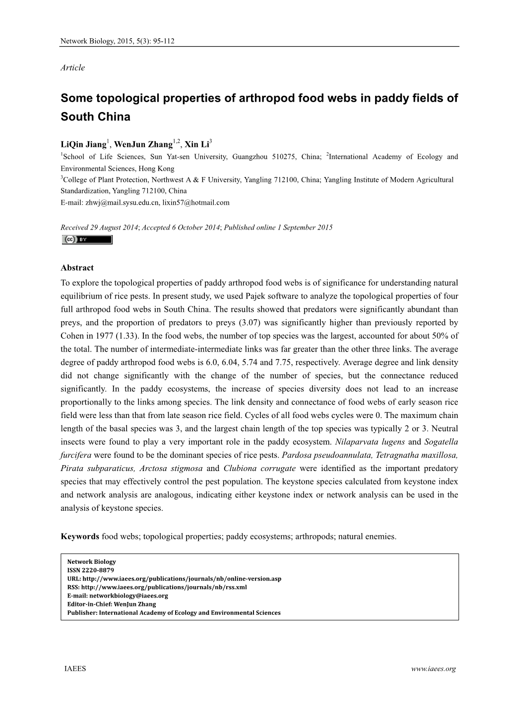 Some Topological Properties of Arthropod Food Webs in Paddy Fields of South China