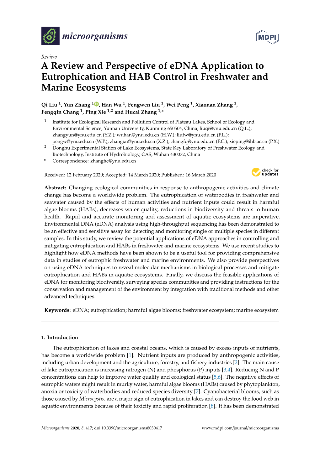 A Review and Perspective of Edna Application to Eutrophication and HAB Control in Freshwater and Marine Ecosystems