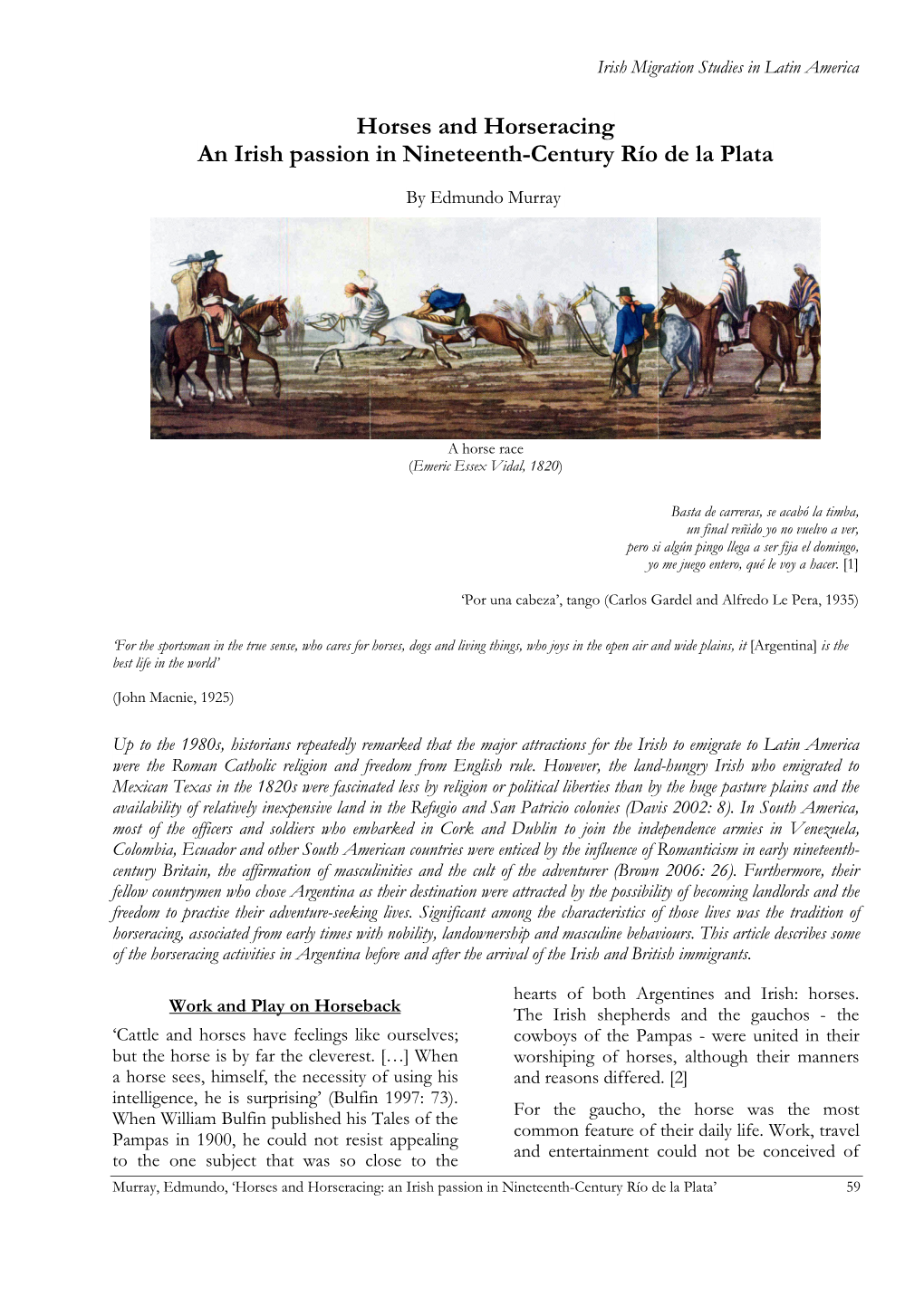 Horses and Horseracing an Irish Passion in Nineteenth-Century Río De La Plata