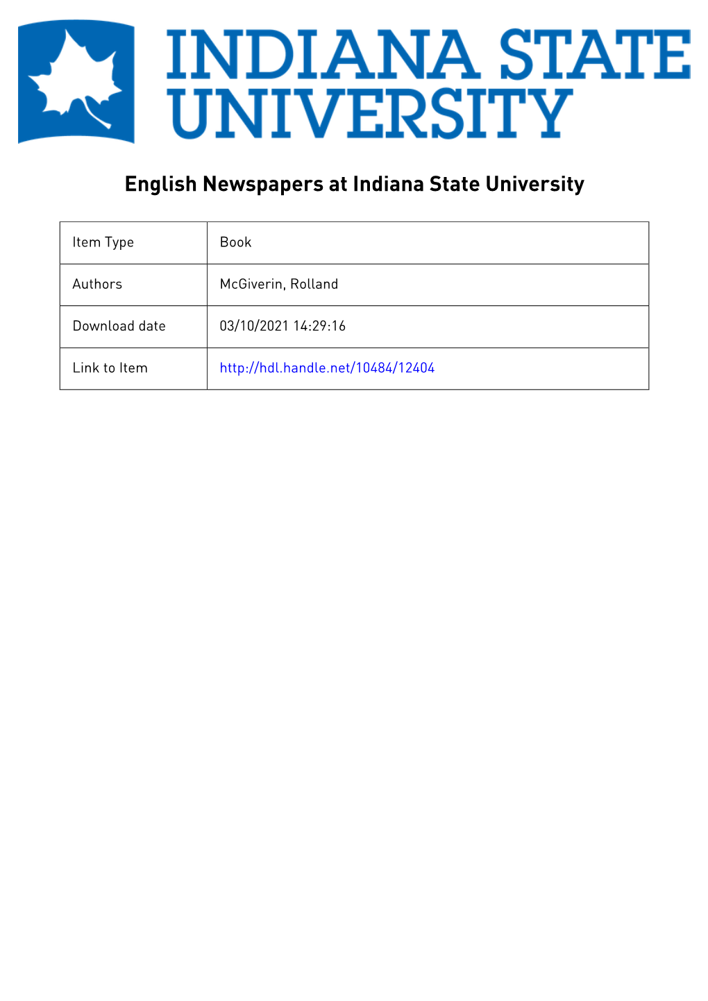 English Newspapers at Indiana State University