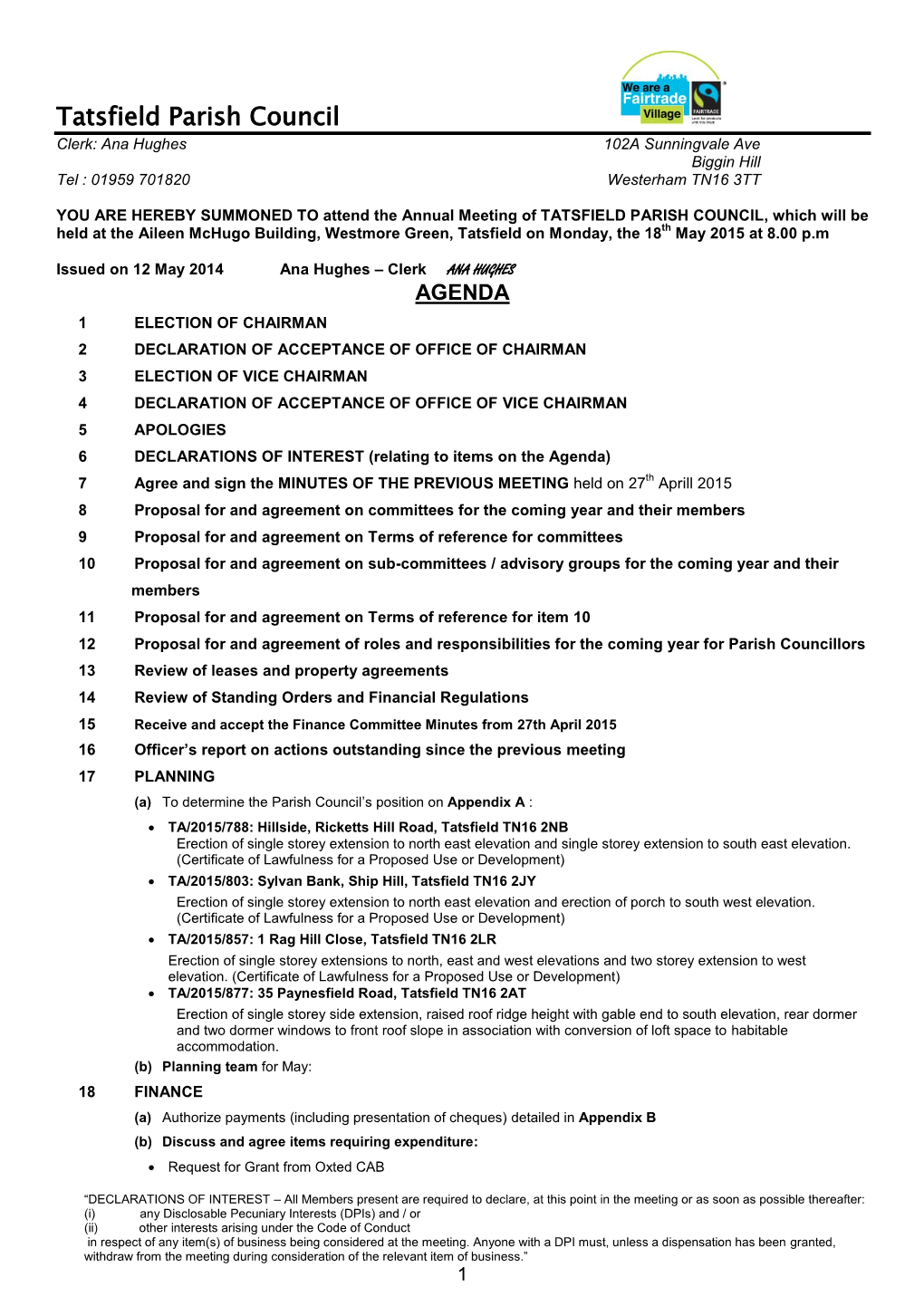 Agenda for Annual Meeting of Tatsfield Parish Council To