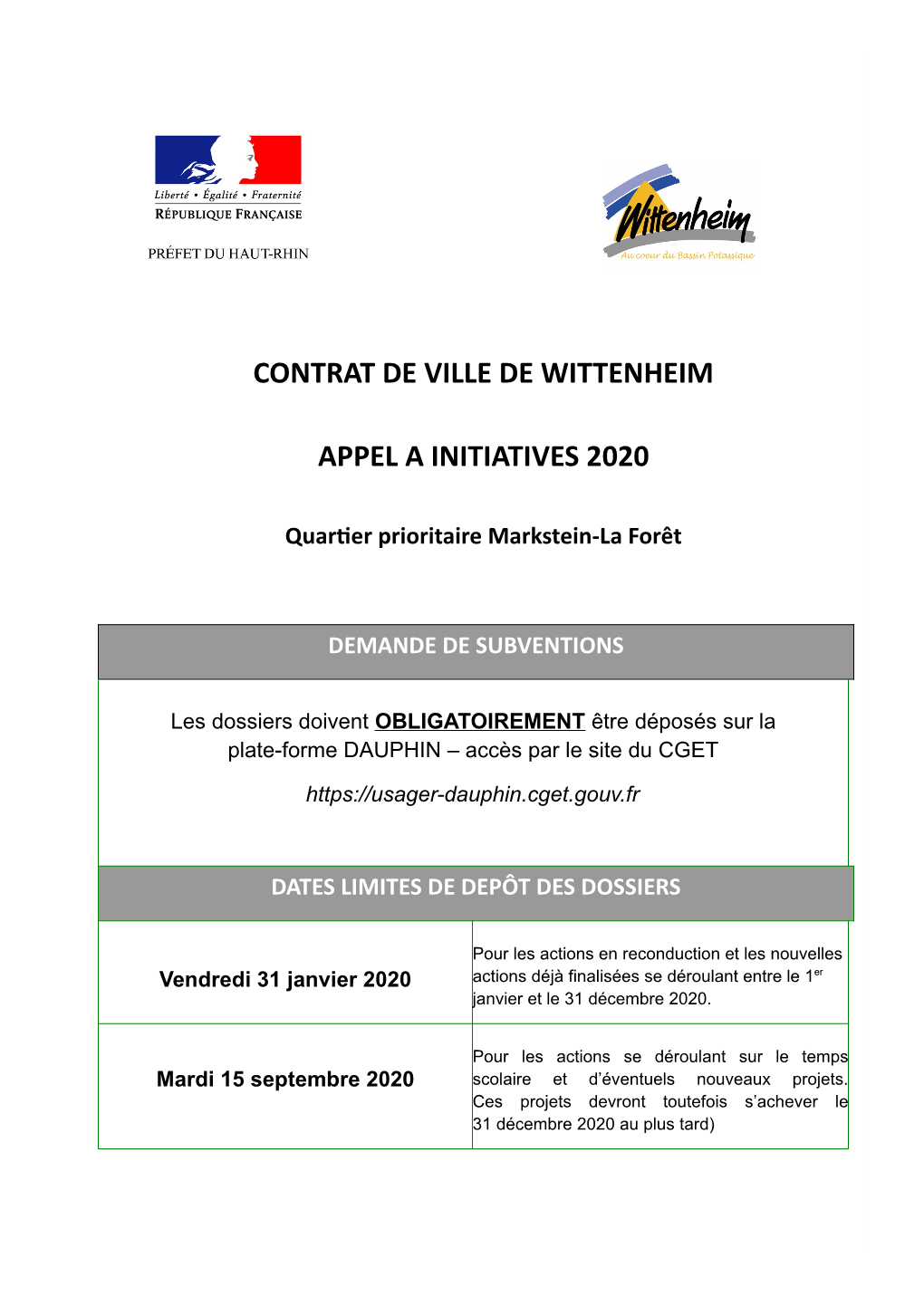 Contrat De Ville De Wittenheim Appel a Initiatives 2020
