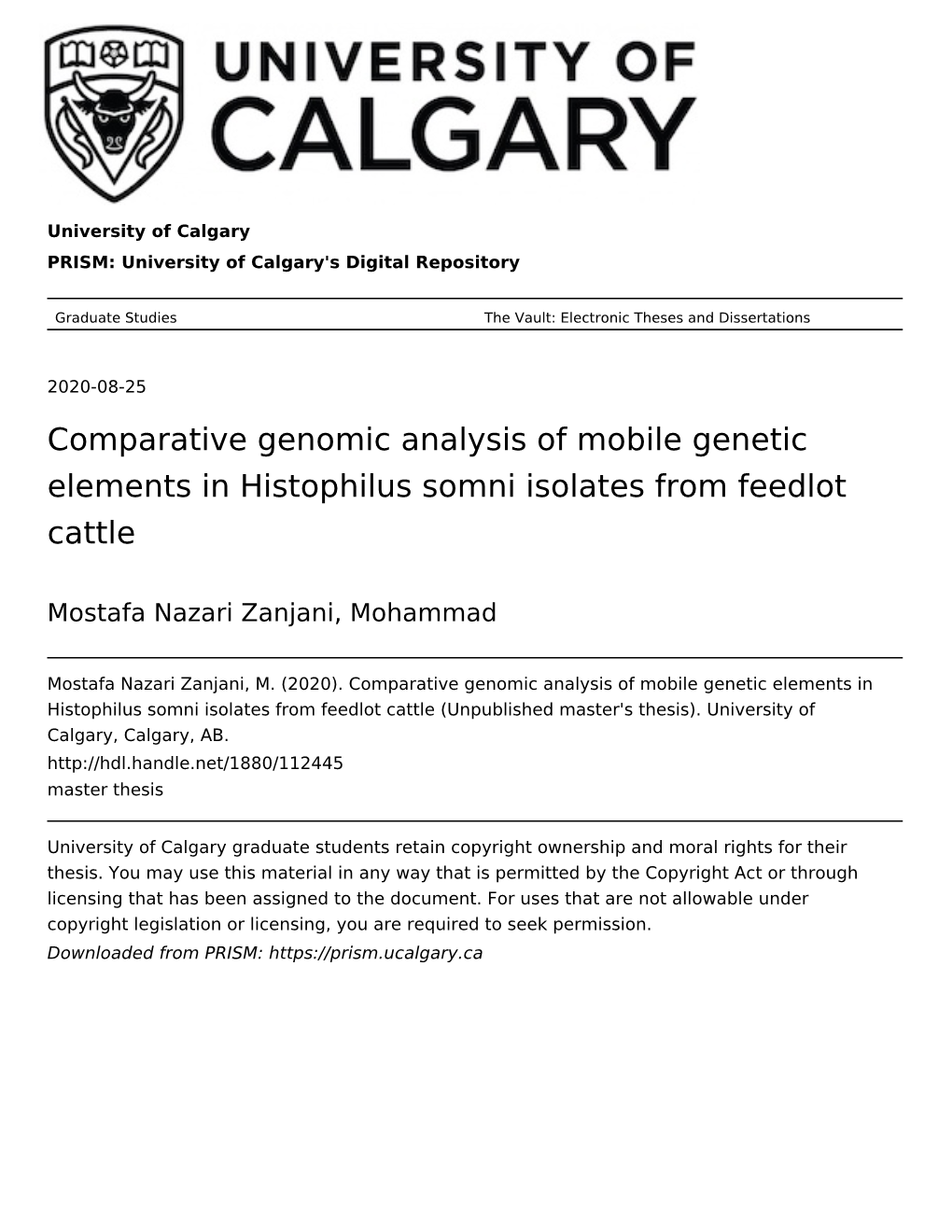 Comparative Genomic Analysis of Mobile Genetic Elements in Histophilus Somni Isolates from Feedlot Cattle