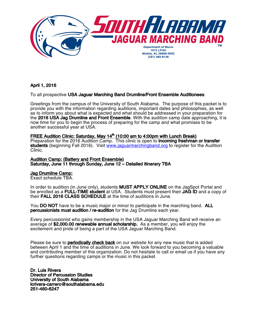 USA Marching Band Jag Drumline/Front Ensemble Auditions