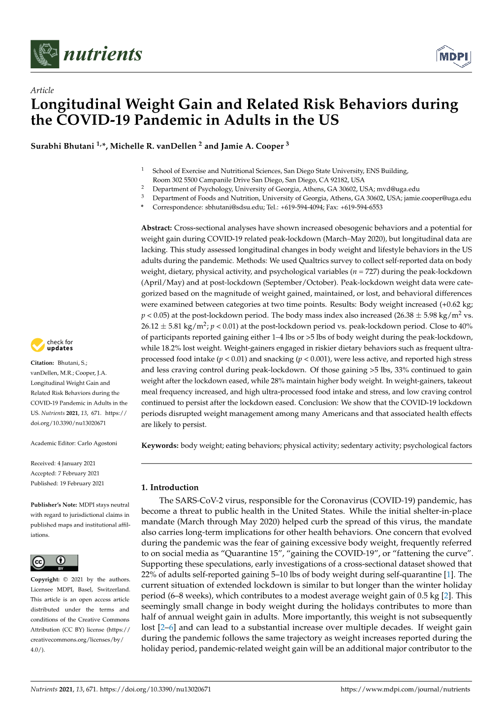 Longitudinal Weight Gain and Related Risk Behaviors During the COVID-19 Pandemic in Adults in the US