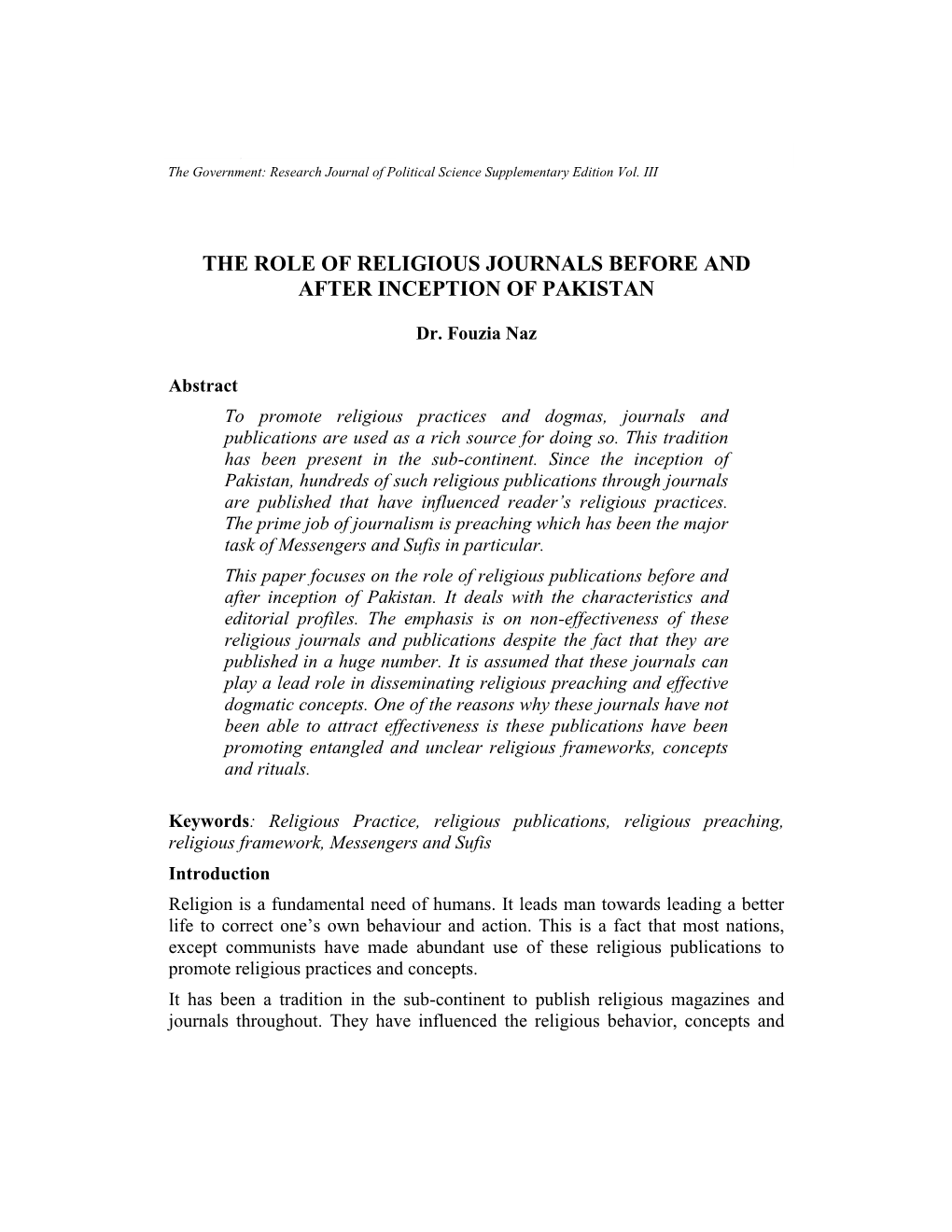 The Role of Religious Journals Before and After Inception of Pakistan