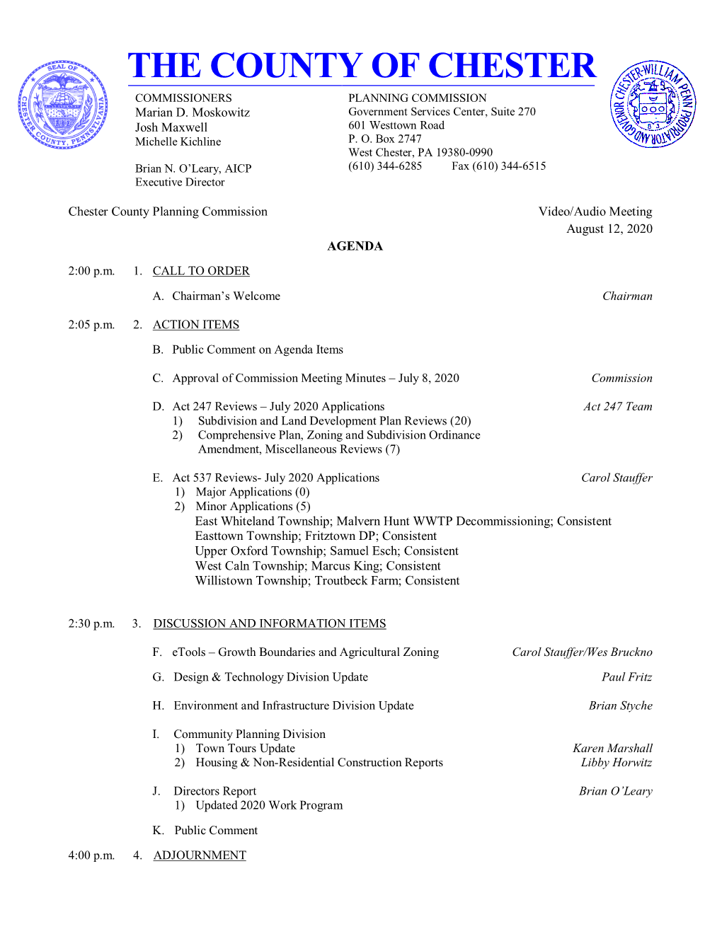 Chester County Planning Commission August 12, 2020 Meeting Materials