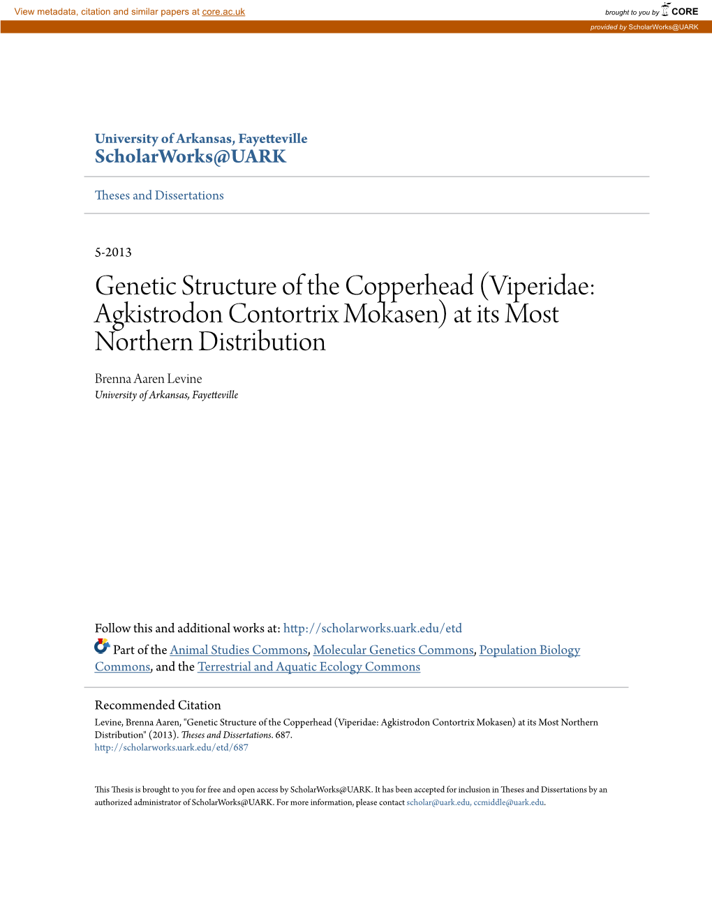 Genetic Structure of the Copperhead (Viperidae: Agkistrodon Contortrix