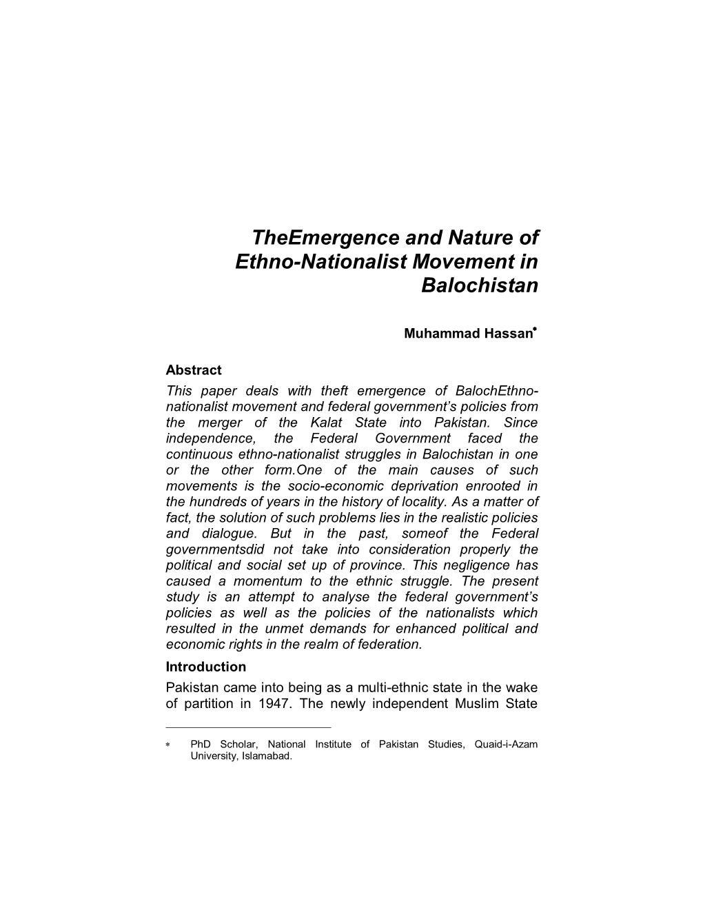Theemergence and Nature of Ethno-Nationalist Movement in Balochistan