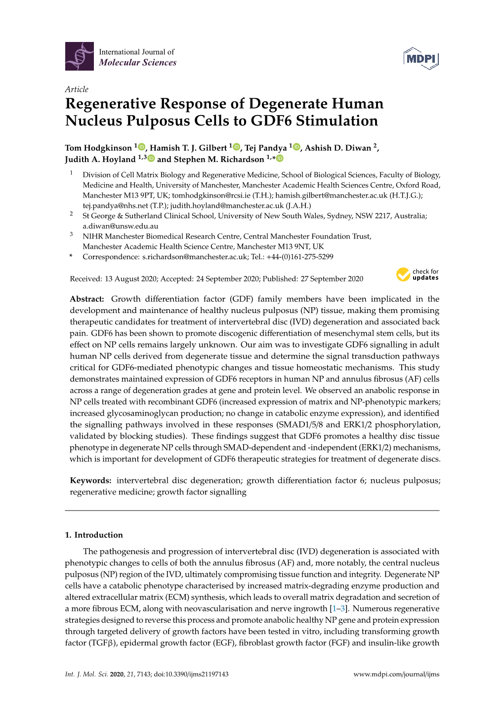 Regenerative Response of Degenerate Human Nucleus Pulposus Cells to GDF6 Stimulation