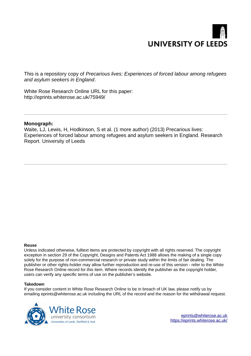 Precarious Lives: Experiences of Forced Labour Among Refugees and Asylum Seekers in England