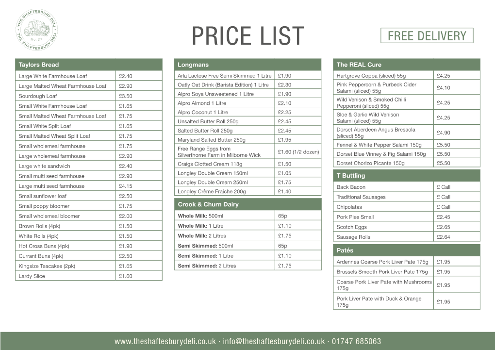 Price List Free Delivery