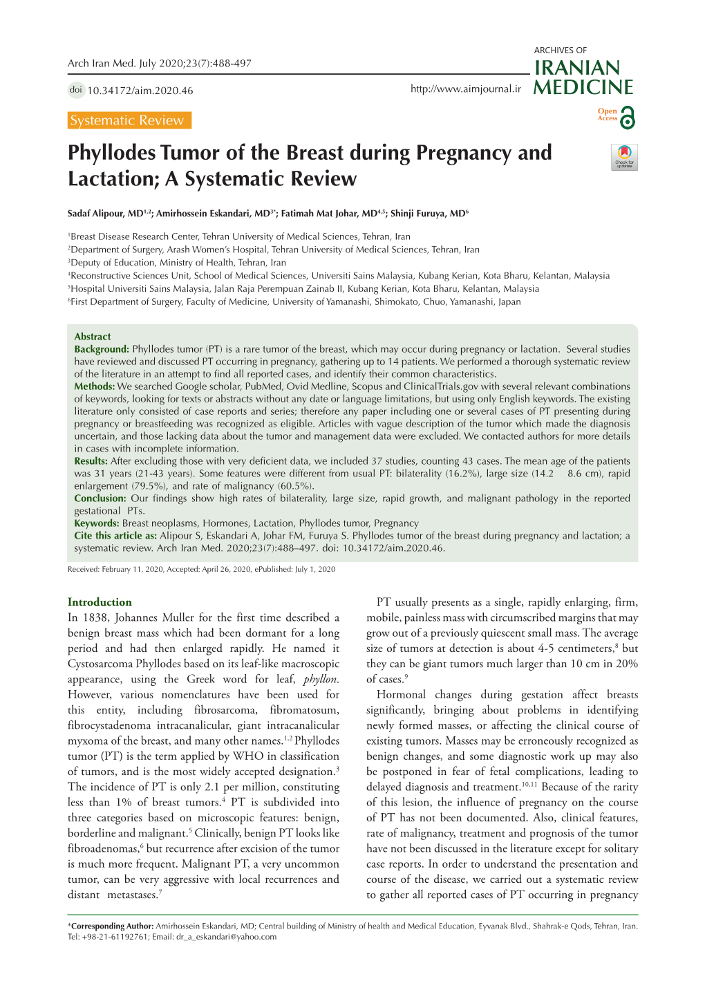 Phyllodes Tumor of the Breast During Pregnancy and Lactation; a Systematic Review