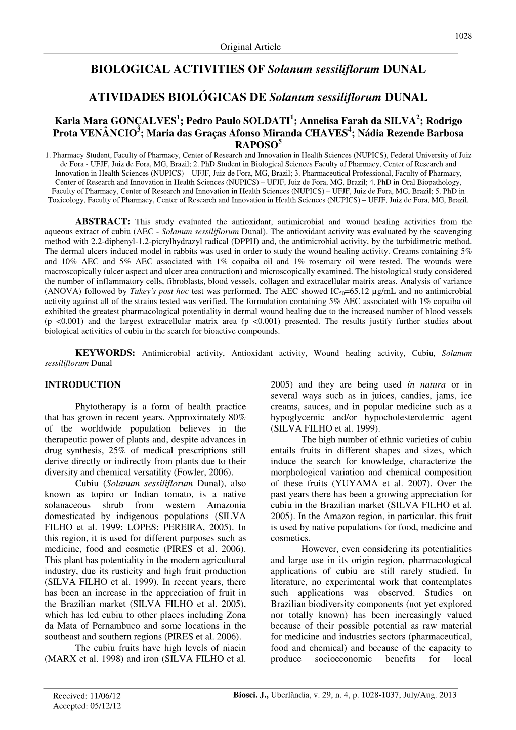 BIOLOGICAL ACTIVITIES of Solanum Sessiliflorum DUNAL