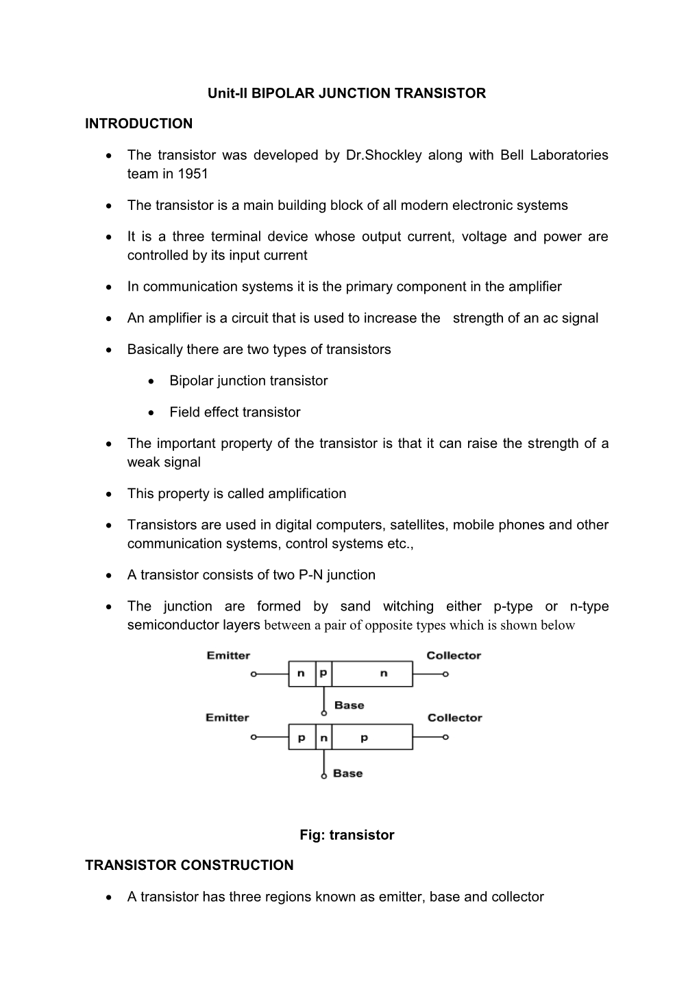 Unit-II BIPOLAR JUNCTION TRANSISTOR INTRODUCTION