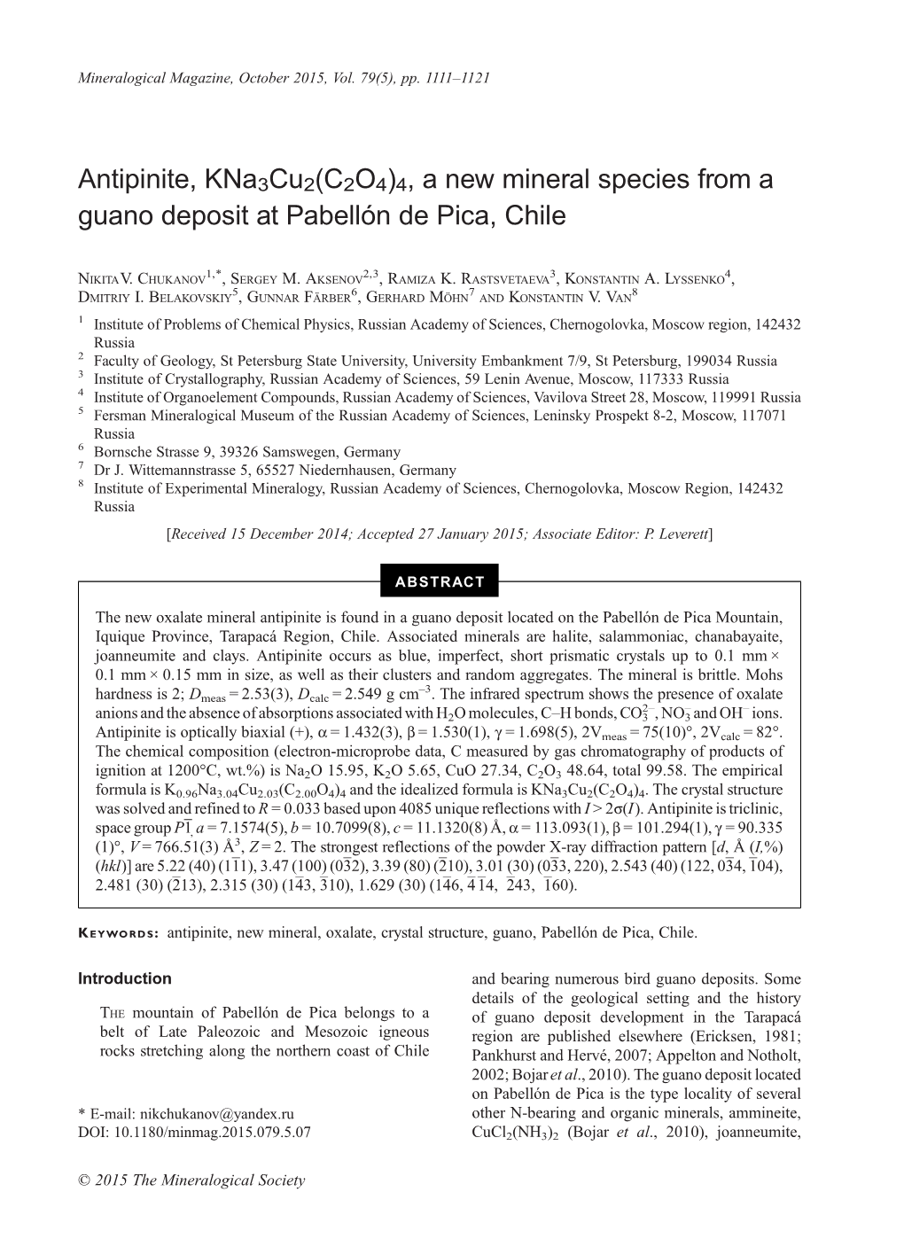 Antipinite, Kna3cu2(C2O4)4, a New Mineral Species from a Guano Deposit at Pabellón De Pica, Chile