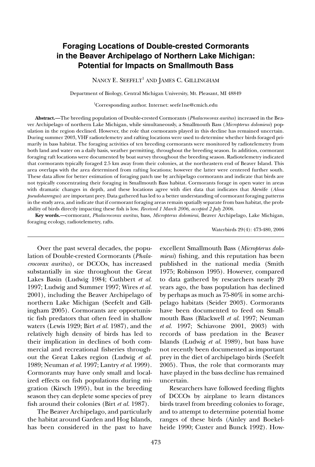 Foraging Locations of Double-Crested Cormorants in the Beaver Archipelago of Northern Lake Michigan: Potential for Impacts on Smallmouth Bass