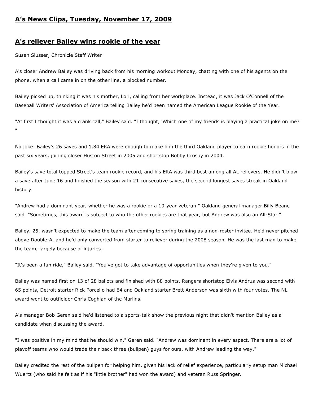 A's News Clips, Tuesday, November 17, 2009 A's Reliever Bailey