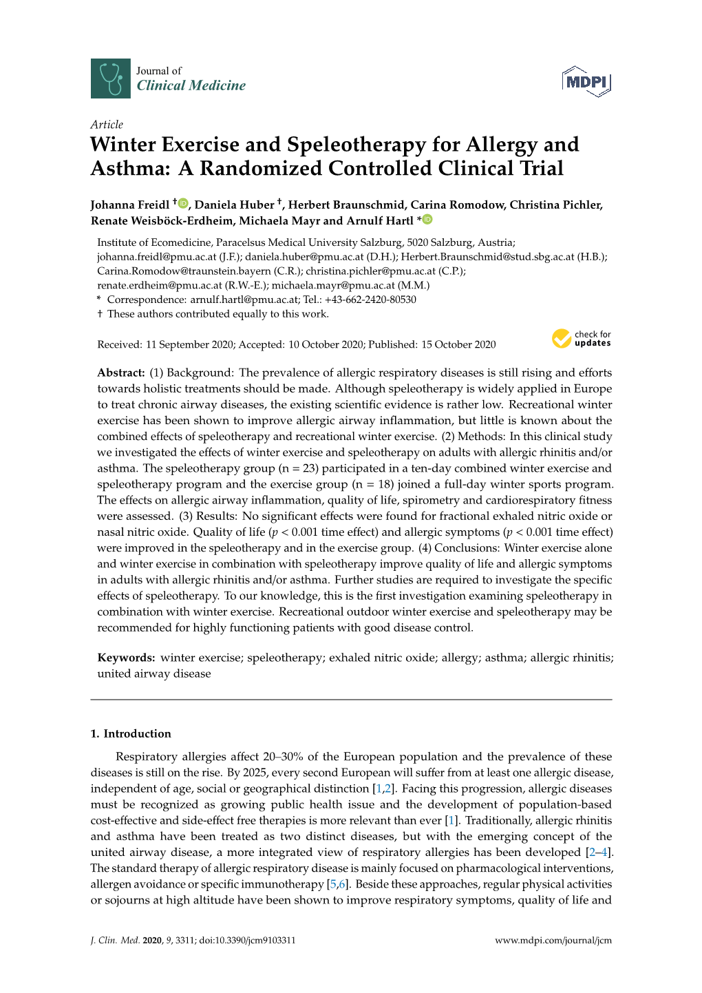 Winter Exercise and Speleotherapy for Allergy and Asthma: a Randomized Controlled Clinical Trial