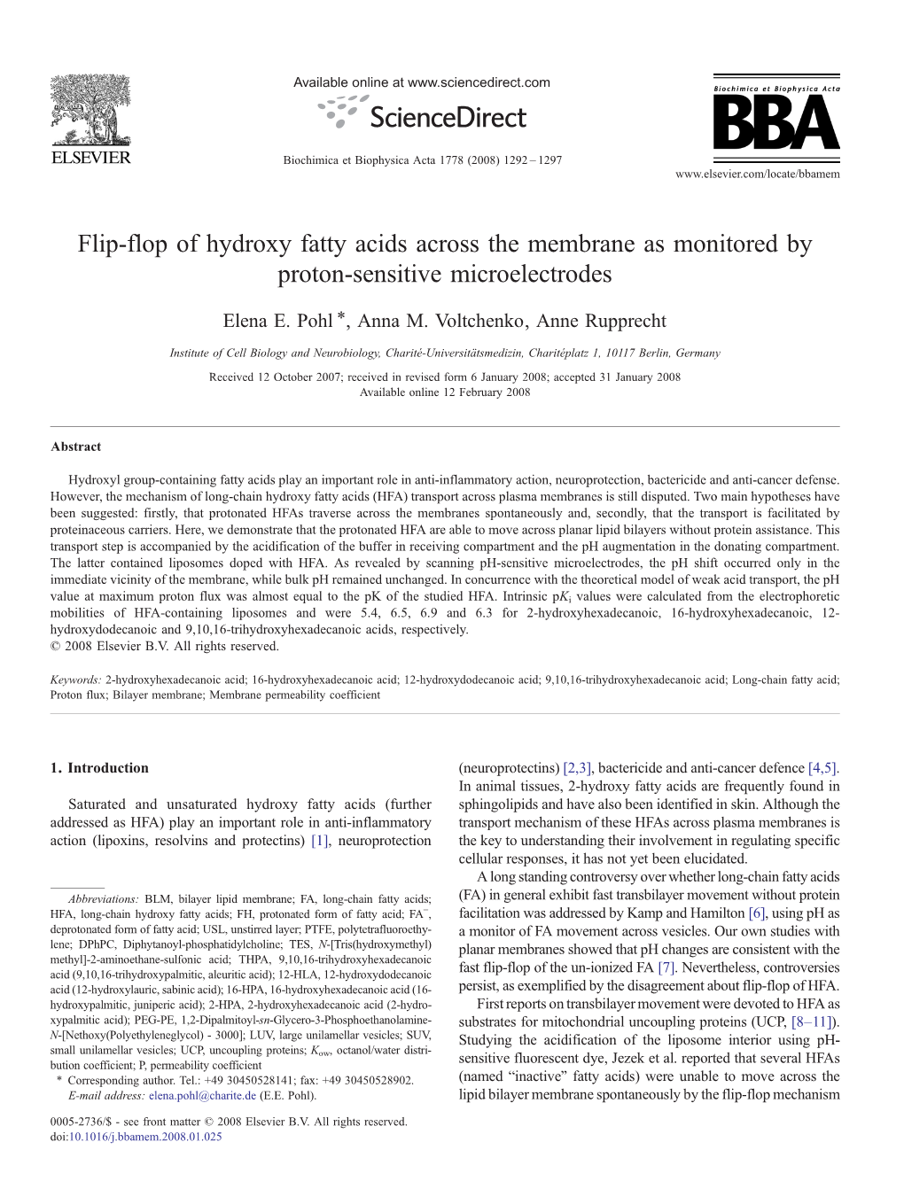 Flip-Flop of Hydroxy Fatty Acids Across the Membrane As Monitored by Proton-Sensitive Microelectrodes ⁎ Elena E