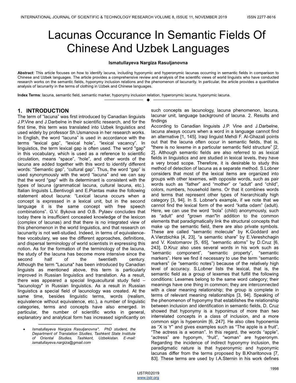Lacunas Occurance in Semantic Fields of Chinese and Uzbek Languages