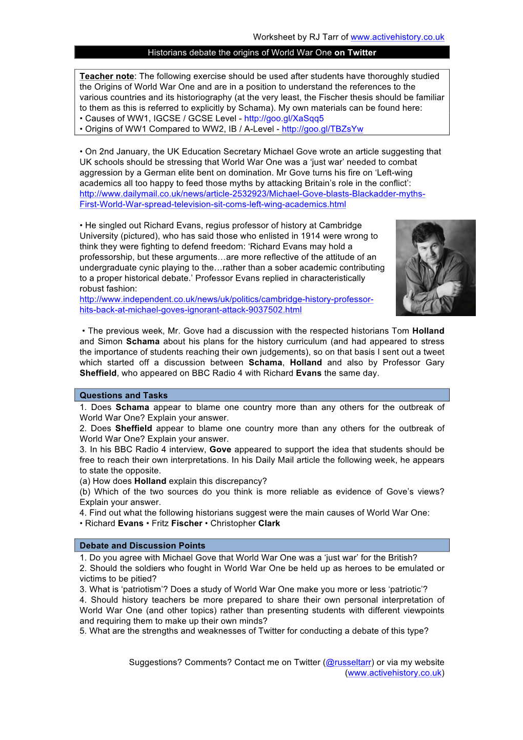 Worksheet by RJ Tarr of Historians Debate the Origins of World War One on Twitter