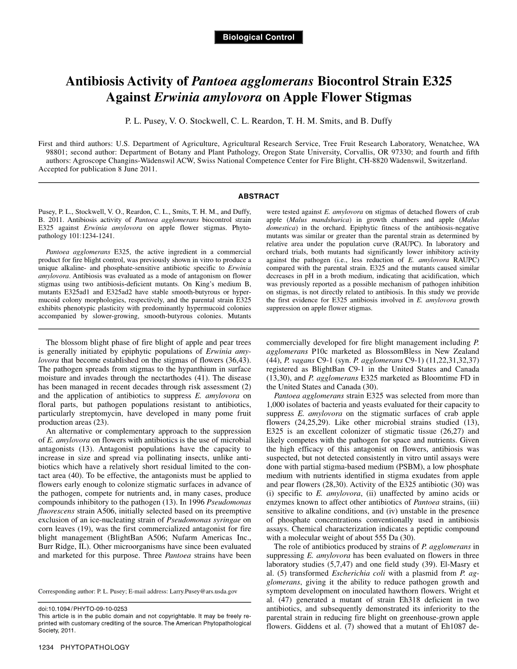 Antibiosis Activity of Pantoea Agglomerans Biocontrol Strain E325 Against Erwinia Amylovora on Apple Flower Stigmas