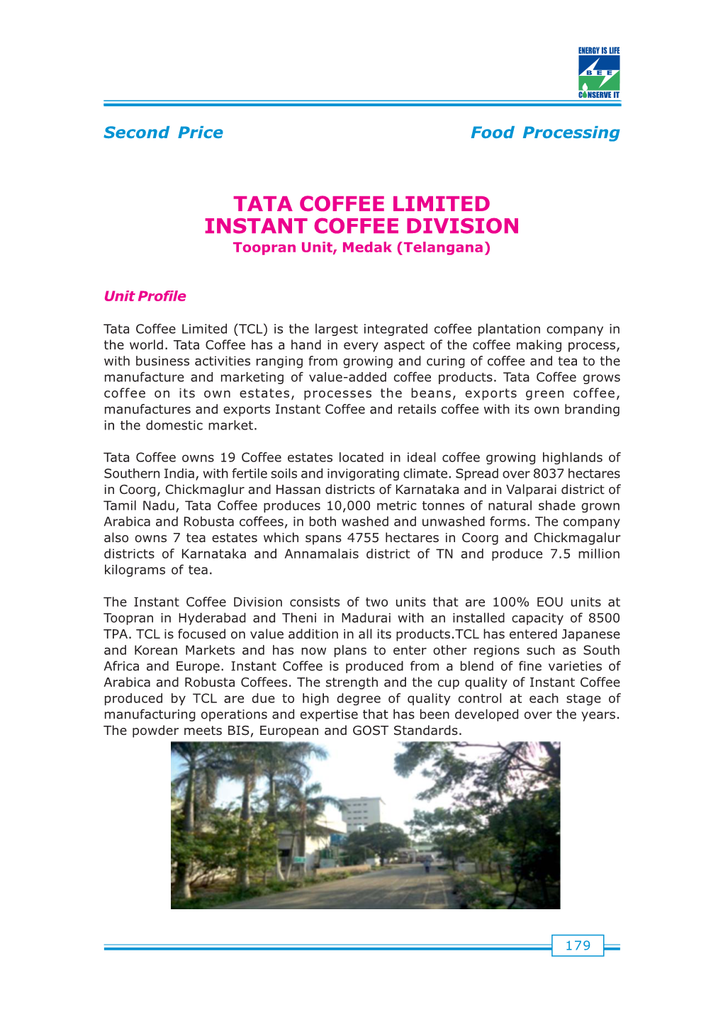 Tata Coffee Limited, Instant Coffee Division, Toopran Unit, Medak